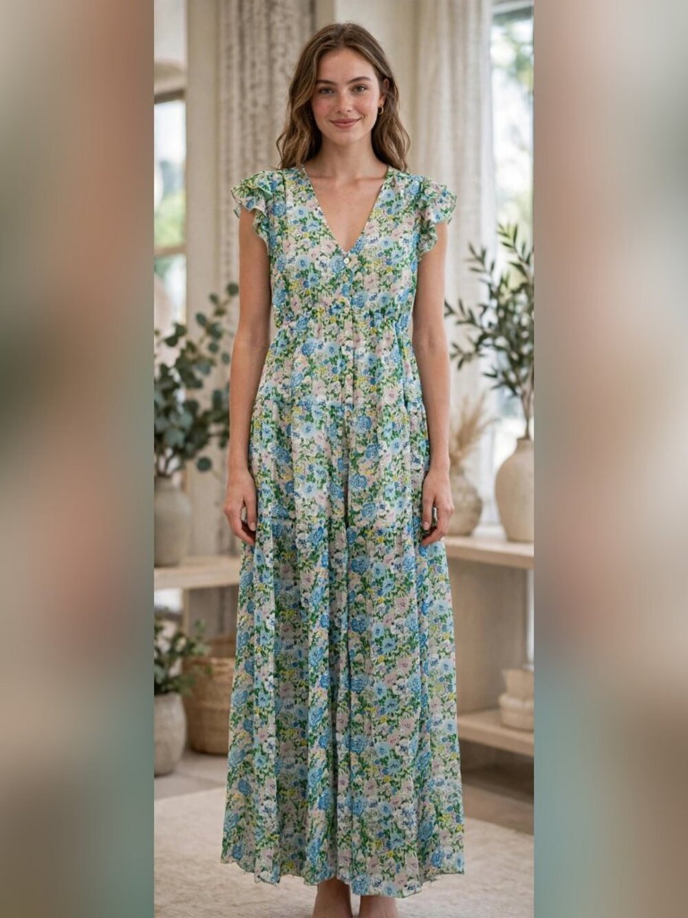 Aakaa Blue Floral Maxi Dress V Neck Button Front Flutter Sleeve NWT S